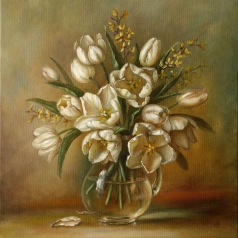 Białe Tulipany, ręcznie malowany obraz olejny