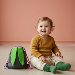 Brązowy mini plecak królik z zielonymi uszami I