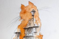 "Home" akwarela artystki Adriany Laube - obraz A3, kot, kamieniczka