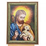 Obraz Ręcznie Haftowany Jezus z Barankiem 40x30 cm Religijna Dekoracja  - 