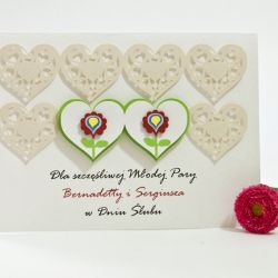 Kartka ślubna w stylu góralskim z motywem serc, personalizowana
