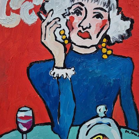 obraz olejny dama wino, ser i papieros