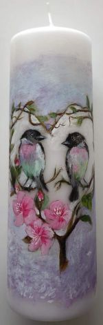 świeca malowana ręcznie- ślub,zakochane ptaki