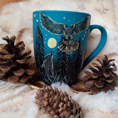 ręcznie malowany sowa i wilk pełnia księżyca kubek 300 ml.