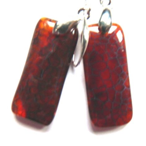 Ciemnopomarańczowy agat pajęczy, kolczyki wiszące prostokaty, srebro