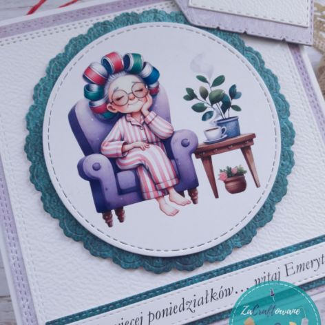 Kartka z okazji przejścia na emeryturę z kobietą w wałkach, personalizacja