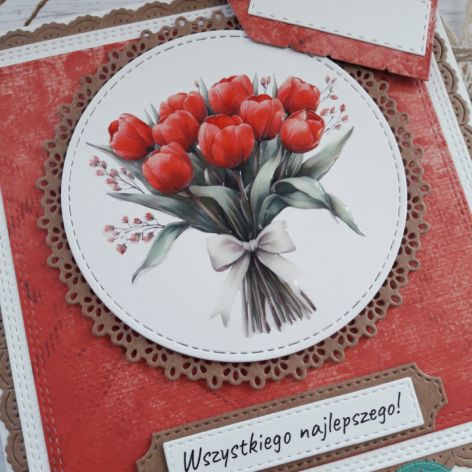 Kartka urodzinowa (lub na inną okazję) z bukietem czerwonych tulipanów