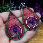 Miedziane kolczyki z agatem pawie oczko - Peacock eye wire wrapped earrings with agate, gift for her, gift for mom, perfect present, unique artisan handcrafted jewelry for women