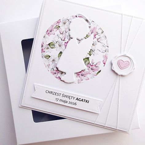 Kartka z aniołkiem-dziewczynką na Chrzest