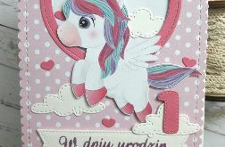 Kartka na roczek z uroczym jednorożcem dla dziewczynki