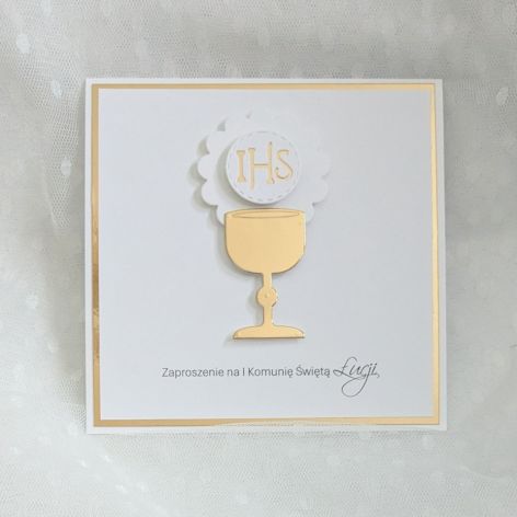 Zaproszenie na Komunię Świętą biel złoty