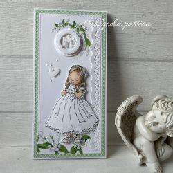 Kartka komunijna z konwaliami i dziewczynką
