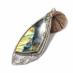 Duży, Srebrny wisior z kaboszonem labradorytu - wisior wire wrapped