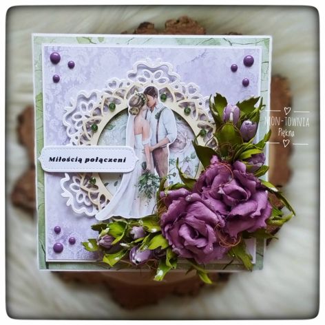 Kartka ślubna na ślub w pudełku fiolet