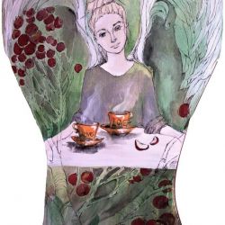 "Anioł z malinówkami" obraz na drewnie