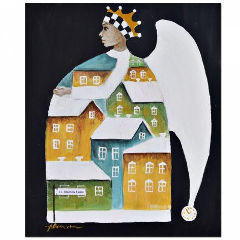 Kolorchatkowo III, obraz anioł kolorowe domki ręcznie malowany na płótnie