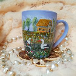 Ręcznie malowany wiejski kubek z bocianami 300 ml.