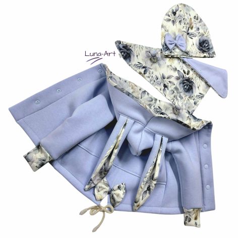 Komplet bluza z uszkami czapka chustka błękit r.140/146