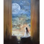 Oczekiwanie, ręcznie malowany obraz olejny na płotnie - obraz kobieta noc gwiazdy