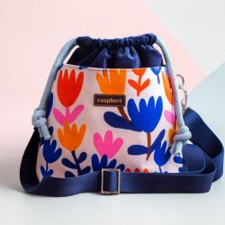 Granatowa listonoszka z kominem z weluru – minimalistyczne kwiaty, handmade