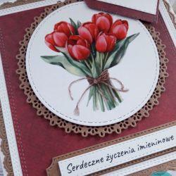 Kartka imieninowa (lub na inną okazję) z bukietem czerwonych tulipanów