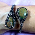 Miedź, bransoletka z heliotropem regulowana - Copper bracelet with Bloodstone cabochons, gift for her gift for mom present, handmade artisan handcrafted jewellery for women