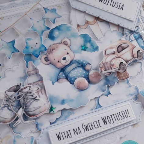 Kartka z okazji narodzin chłopca z misiem, personalizacja