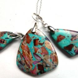 Niebieski jaspis cesarski i srebro, wisiorek i kolczyki, zestaw biżuterii