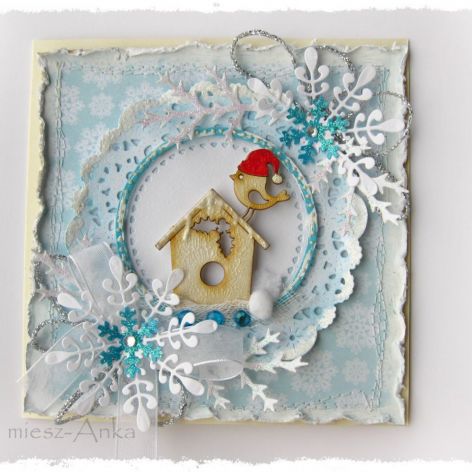 Kartka świąteczna z ptaszkiem i budką