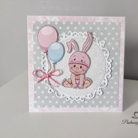 Kartka na Narodziny, Roczek Urodziny różowy króliczek