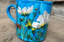 Niebieski, porcelanowy kubek ręcznie malowany Kwiaty