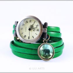Bransoletka, zegarek - Słoń - skórzany, zielony, antyczny brąz