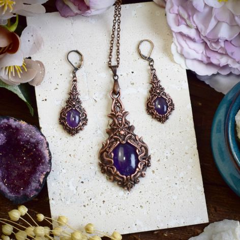Wiktoriański miedziany zestaw - kolczyki i wisiorek z ametystem #S2