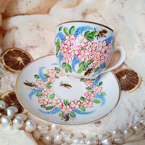 Ręcznie malowany komplet kwiaty i pszczoły 200 ml.