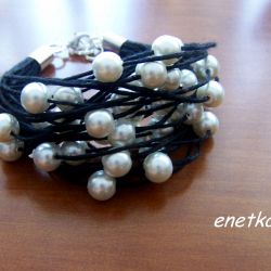 enetka - BRANSOLETKA z lnu - PERŁY- LEN