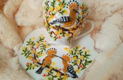 Ręcznie malowany komplet. Zakochane dudki filiżanka z talerzykiem