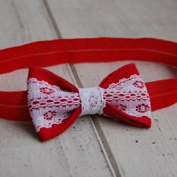 Opaska niemowlęca - Lniana, czerwona, z koronką