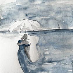 "Mglisty dzień" akwarela - miłość, zakochani, nad morzem