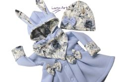 Komplet płaszczyk z uszkami czapka chustka błękit r.116/122