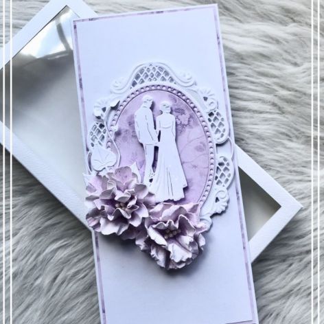 Kartka ślubna w pudełku z okienkiem violet