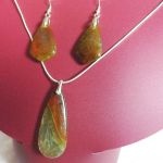 Zielono-pomarańczowy agat pajęczy i srebro, wisiorek, kolczyki - zestaw - 