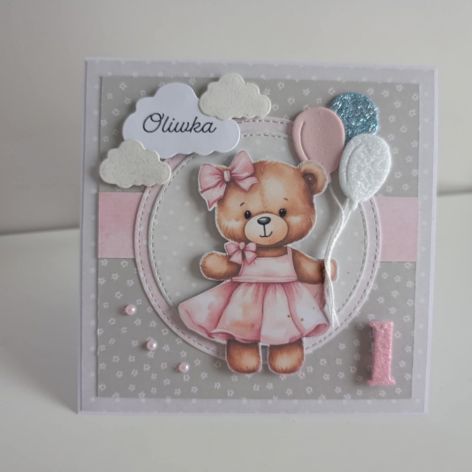Kartka na roczek urodziny z misiem personalizacja
