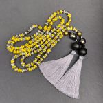 Naszyjnik Długi Sznur Złoto Szare Korale Szklane z Chwostami - 