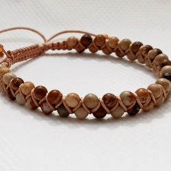 Bransoletka makrama boho beżowa z Jaspisem pleciona dwurzędowa Bransoletka makrama boho beżowa z Jaspisem pleciona dwurzędowa