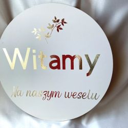 Okrągła weselna tablica powitalna złote napisy glamour