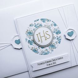 Kartka na Komunię z niezapominajkami handmade