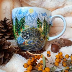 Ręcznie malowany szop i las borowikowy kubek 480 ml.