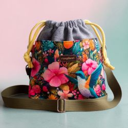 Szara listonoszka z kominem z plecionki i weluru w kwiaty i kolibry – handmade