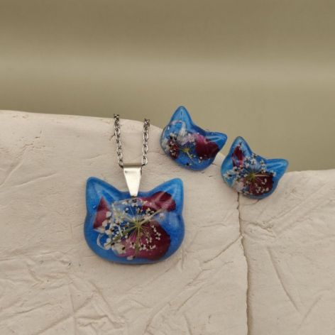 Komplet biżuterii Koci Amulet – żywica z suszonymi kwiatami