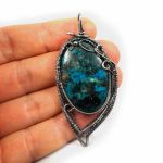 Azuryt, Srebrny wisior z niebieskim azurytem - srebrny amulet wire wrapped